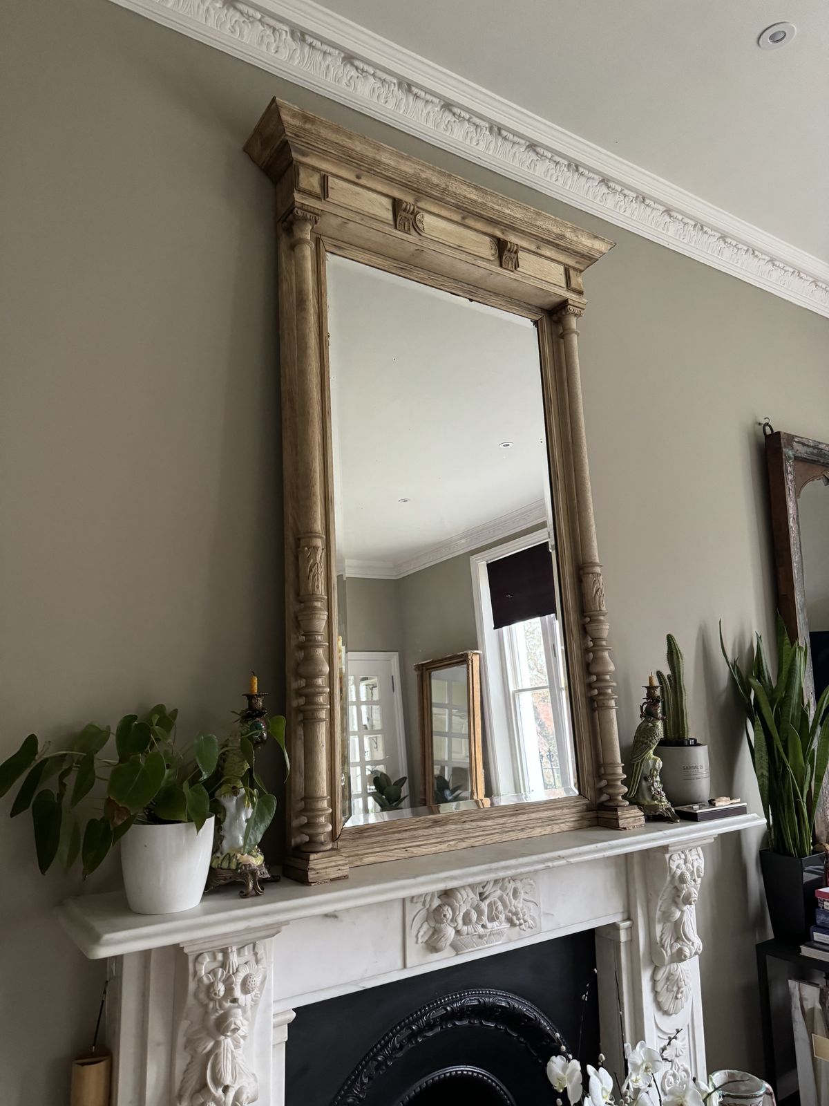 Antique Bleached Oak Mirror W/ Original Bevelled Glass. 1890s.