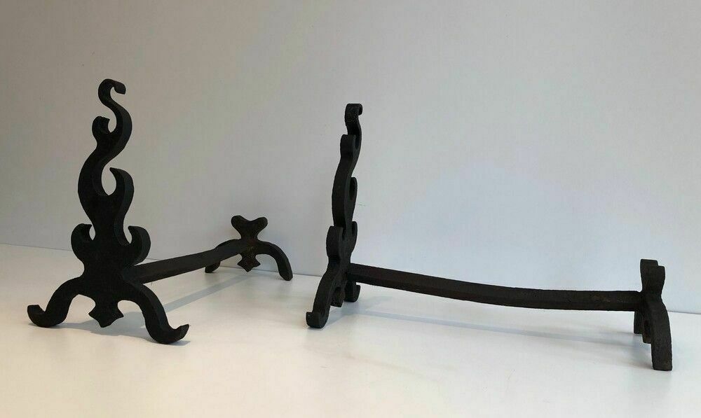 Pair Of Cast Iron And Wrought Iron Andirons photo for sale
