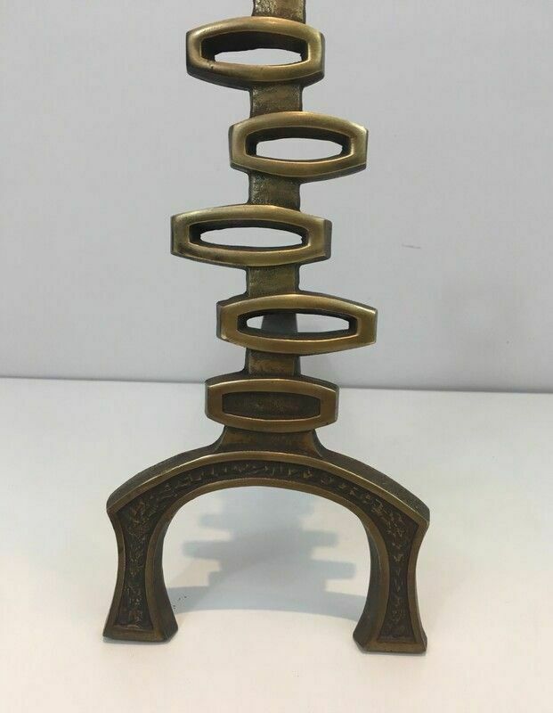 Pair Of Modernist Brass Andirons photo vintage