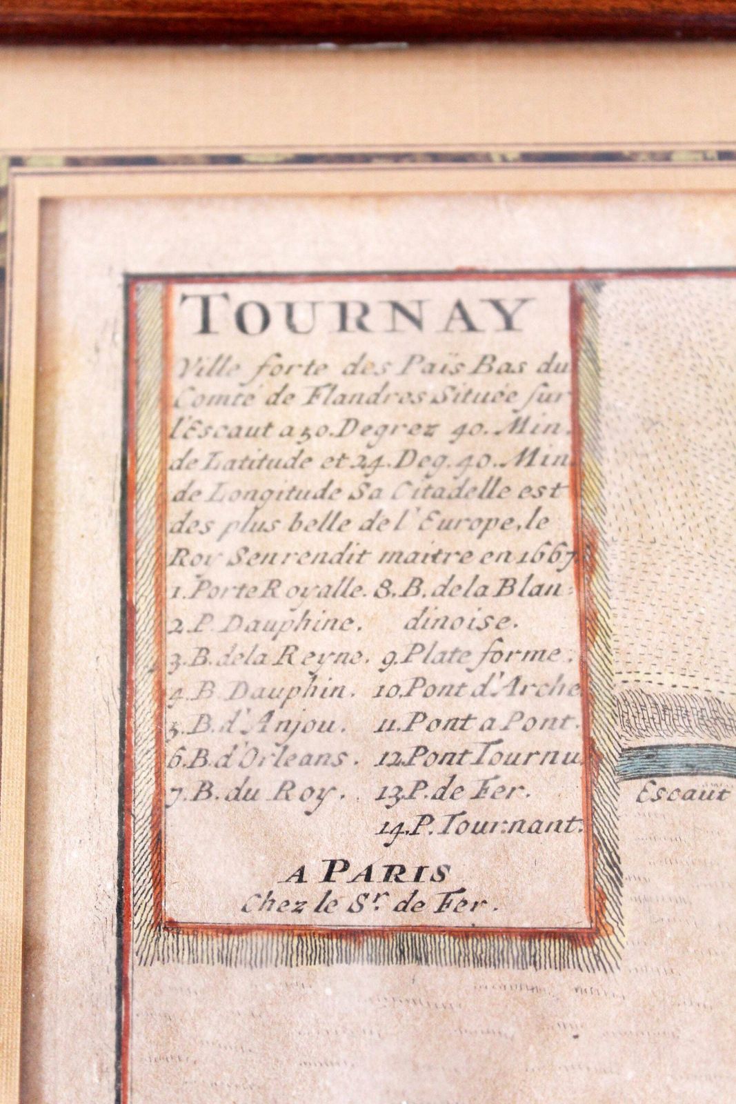 Antique Framed Map Tournai Belgium Tournay, A Paris Chez Le Sr De Fer, Hand Colored Engraving, Europe City Maps, Lass Front, Fortified City photo for sale
