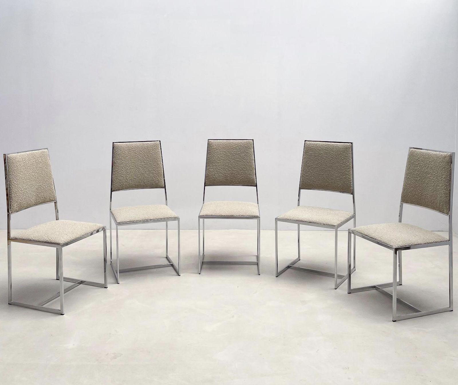 Mid Century Modern Set Of 5 Chairs Willy Rizzo Style, Chrome And Boucle Fabric photo buy