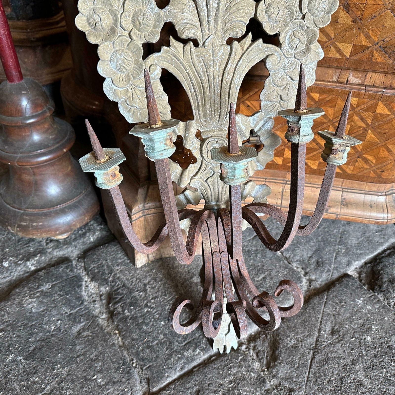photo for sale 1900 Art Nouveau Iron And Wood Italian Chandelier Wall Sconce