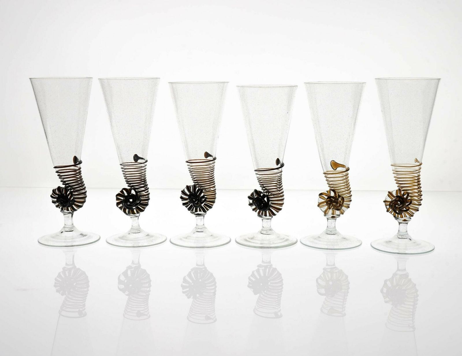 Six Cenedese Nautilus Flutes Set, Brown Accent And Pulegoso Murano Glass Signed photo furniture
