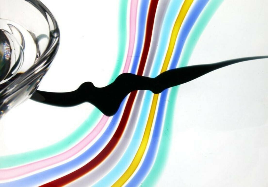photo for sale Livio Seguso, Heavy Murano Glass Bowl, Rainbow Design And Glass Orb, 80s Signed