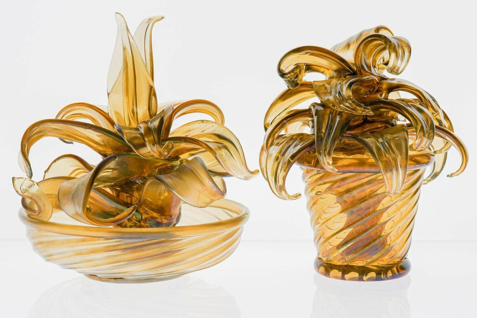 Napoleone Martinuzzi , Two Cactus In Murano Iridescent Fume Vamsa Attribution