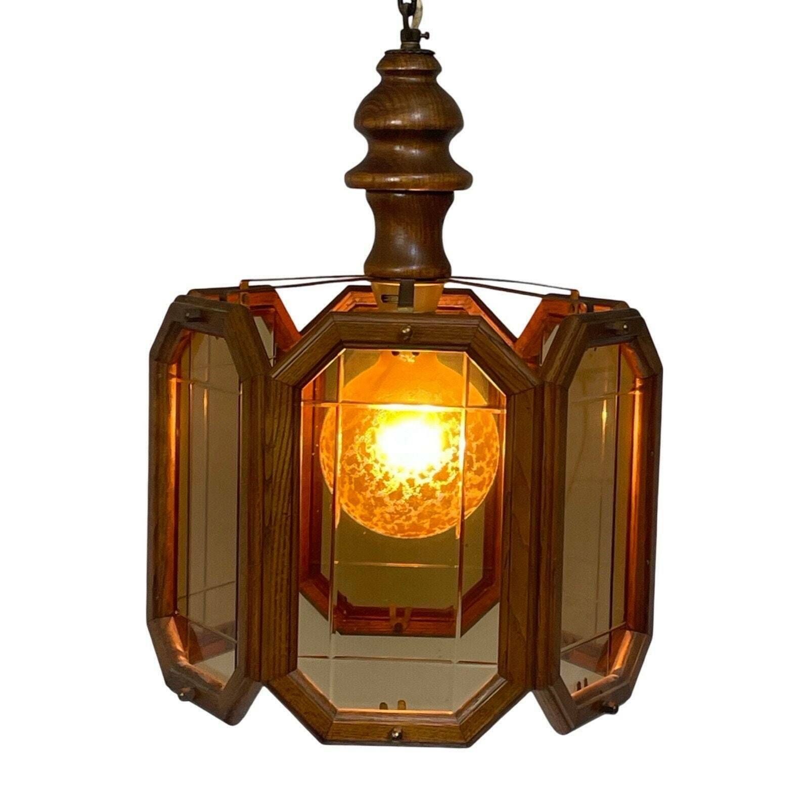 Ca. 1960's Ceiling Fixture   Dutch Made   With Oak Wood And Smoked Glass Panels photo furniture