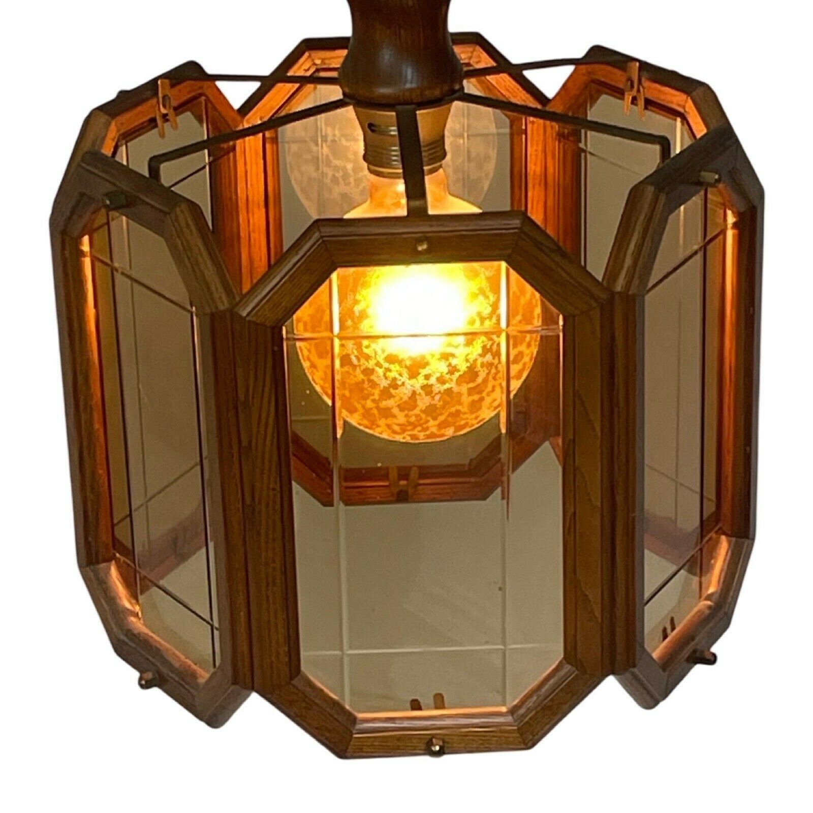 Ca. 1960's Ceiling Fixture   Dutch Made   With Oak Wood And Smoked Glass Panels photo Lighting