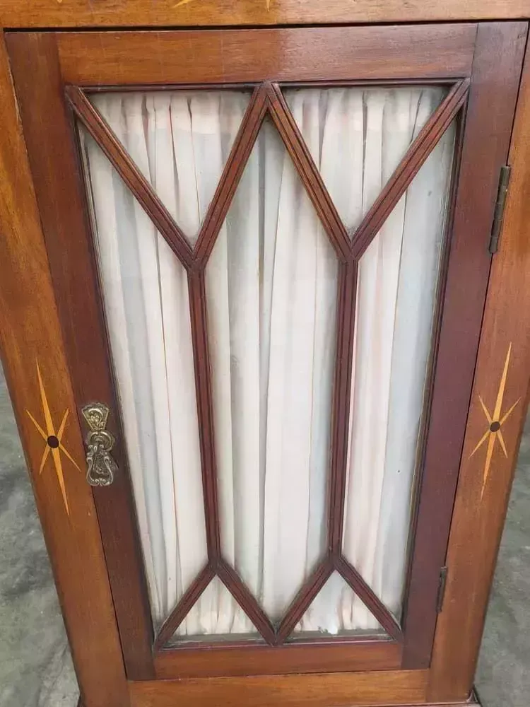 Antique Edwardian Small Inlaid Glazed Cabinet Fabric Curtain Shelves photo 325.0
