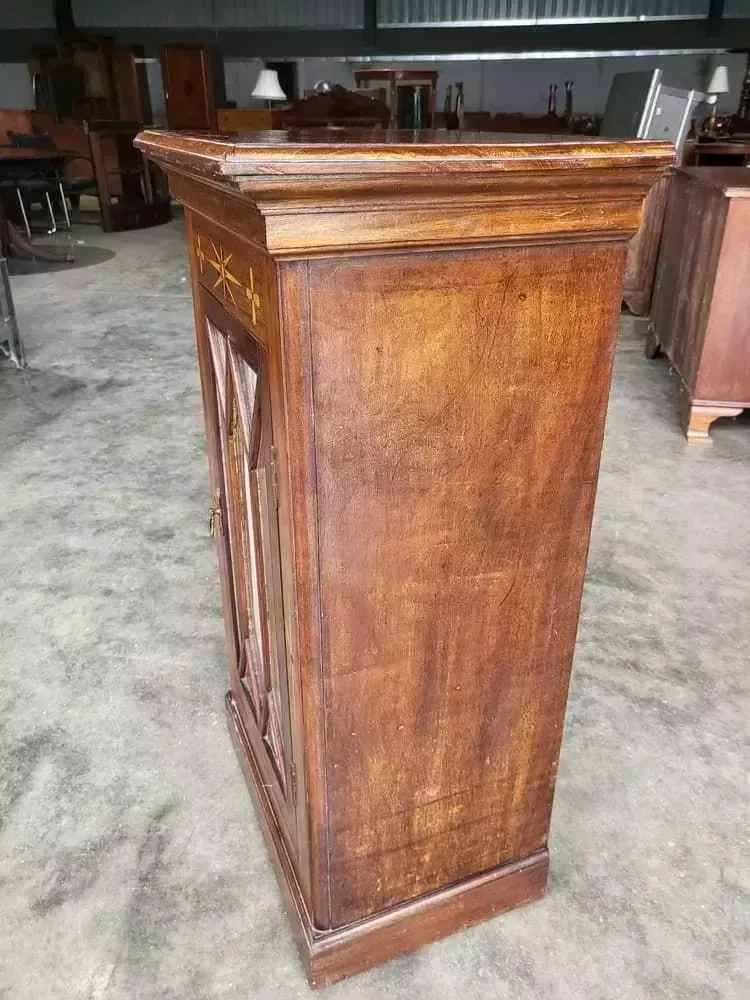 Antique Edwardian Small Inlaid Glazed Cabinet Fabric Curtain Shelves photo buy