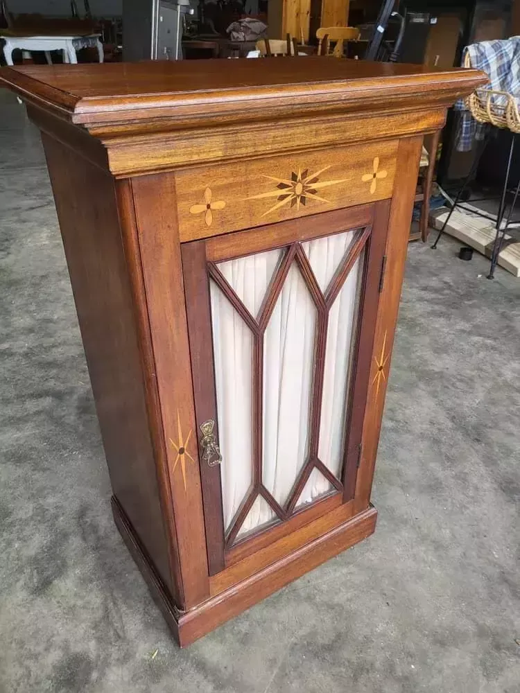 photo furniture Antique Edwardian Small Inlaid Glazed Cabinet Fabric Curtain Shelves