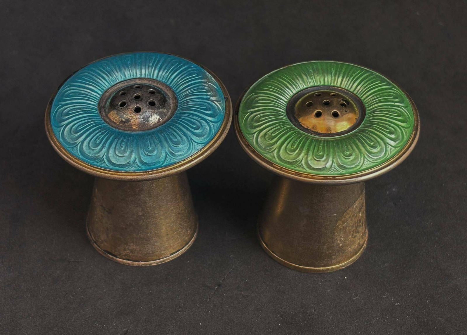 Salt And Pepper Shakers Silver And Enamel Mushroom Shaped Aksel Holmsen Norway Art Deco Wedding Gift Hostess Gift Scandinavian Design