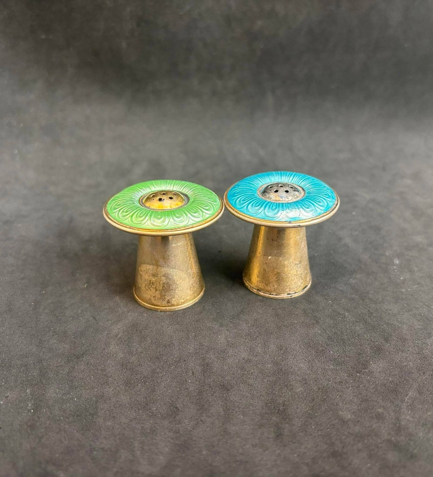 photo for sale Salt And Pepper Shakers Silver And Enamel Mushroom Shaped Aksel Holmsen Norway Art Deco Wedding Gift Hostess Gift Scandinavian Design