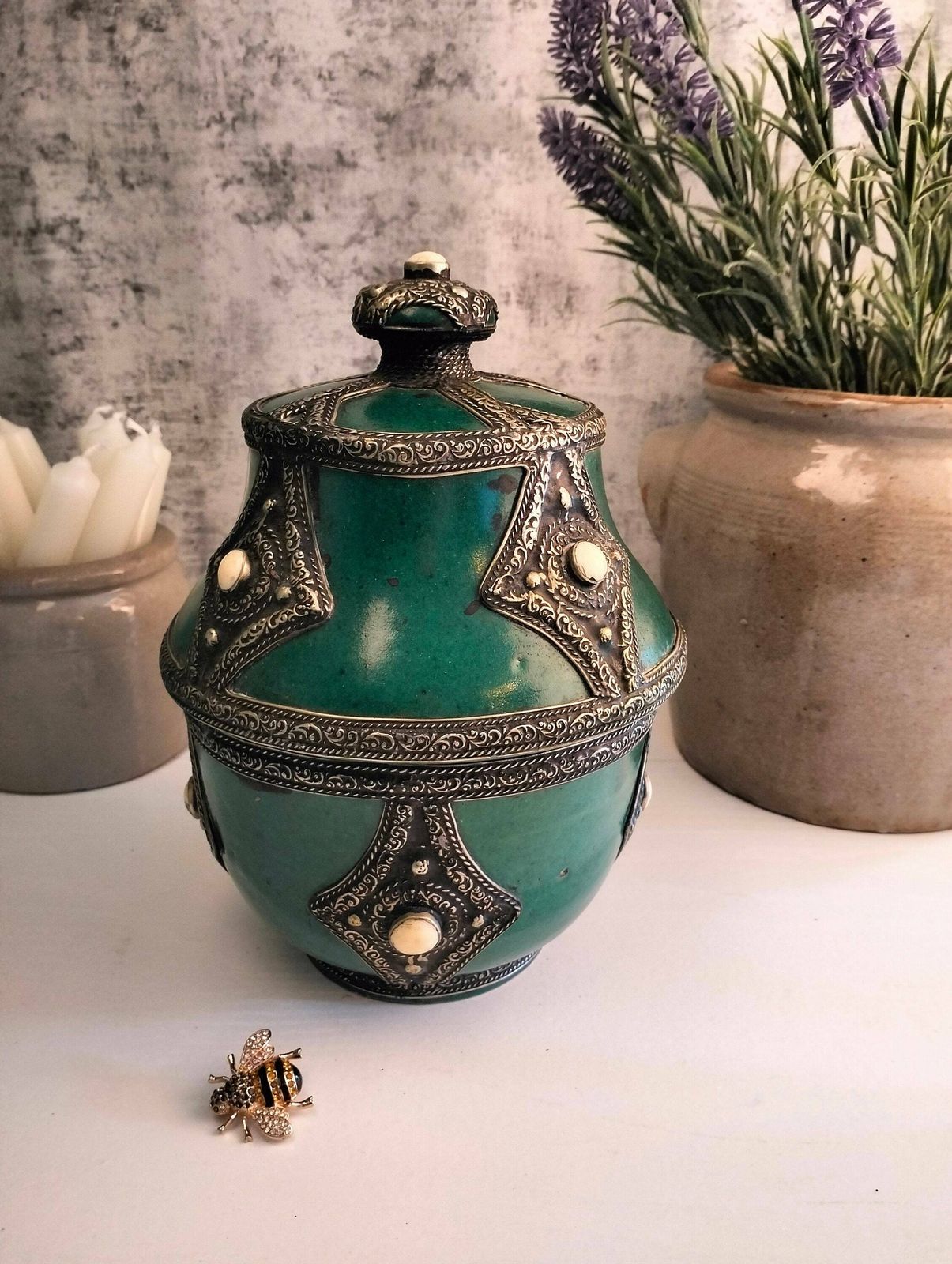 Antique Ceramic Bowl Inlaid With Metal And Bone   Pottery Storage Bowl   Moroccan Ceramic Storage Bowl   Ceramic Jewelry Box