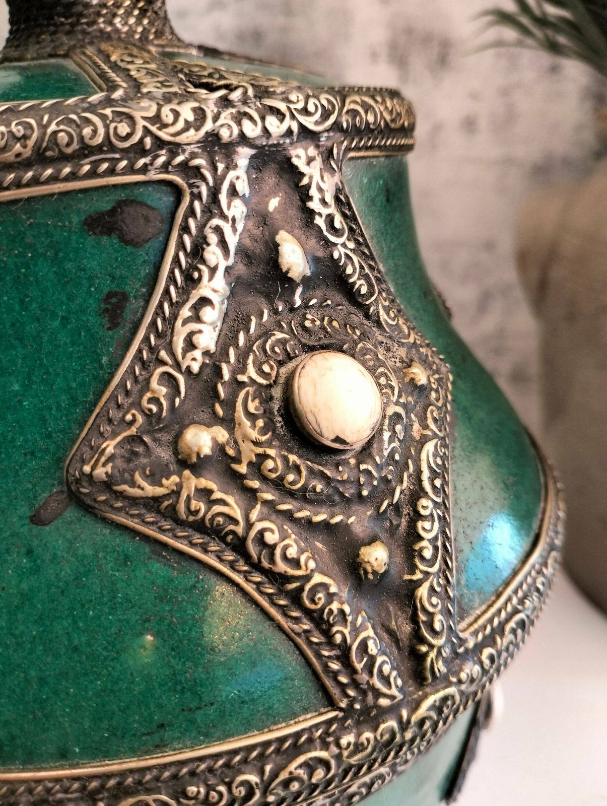 Antique Ceramic Bowl Inlaid With Metal And Bone   Pottery Storage Bowl   Moroccan Ceramic Storage Bowl   Ceramic Jewelry Box photo for sale