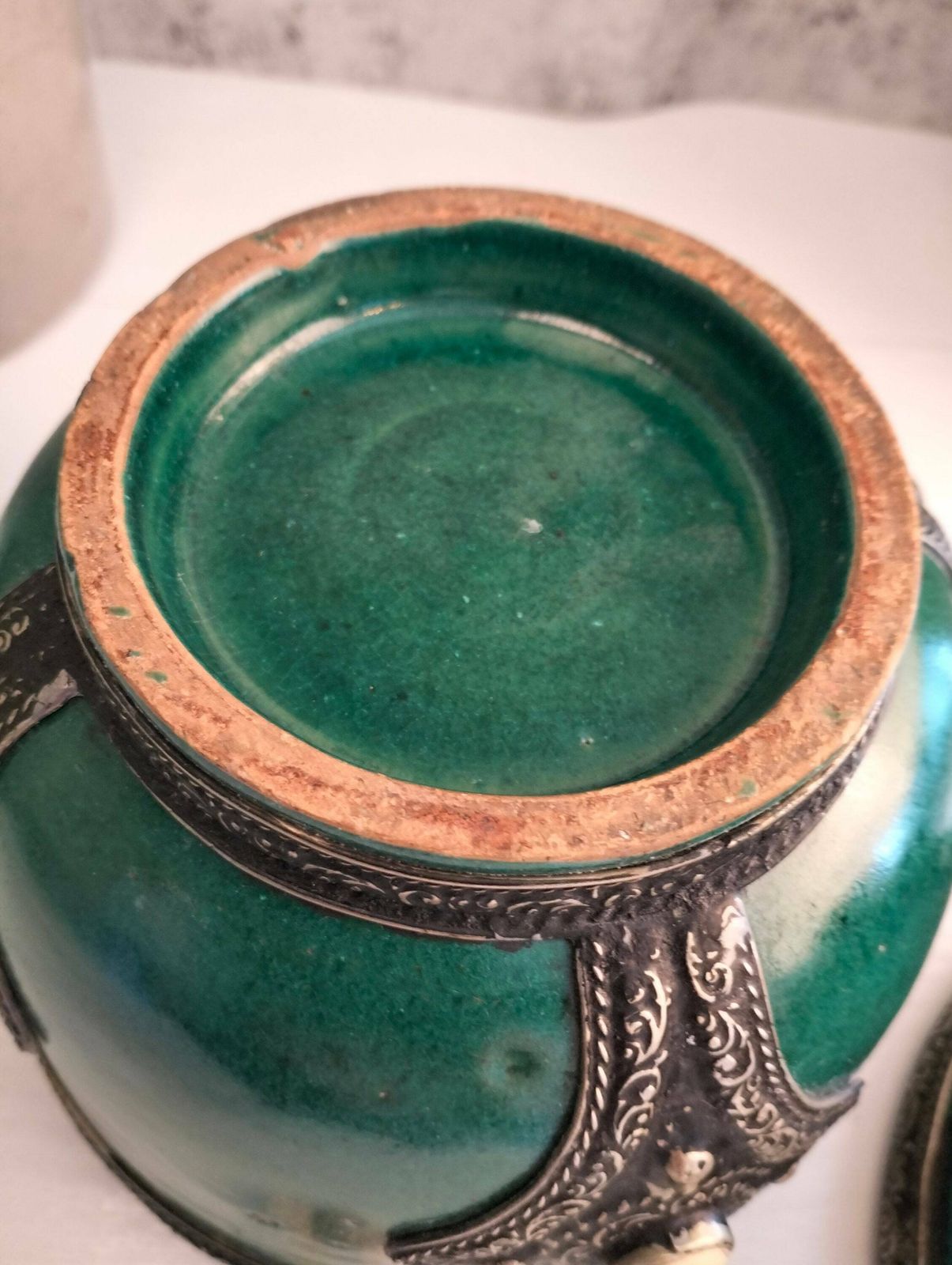 Antique Ceramic Bowl Inlaid With Metal And Bone   Pottery Storage Bowl   Moroccan Ceramic Storage Bowl   Ceramic Jewelry Box photo vintage