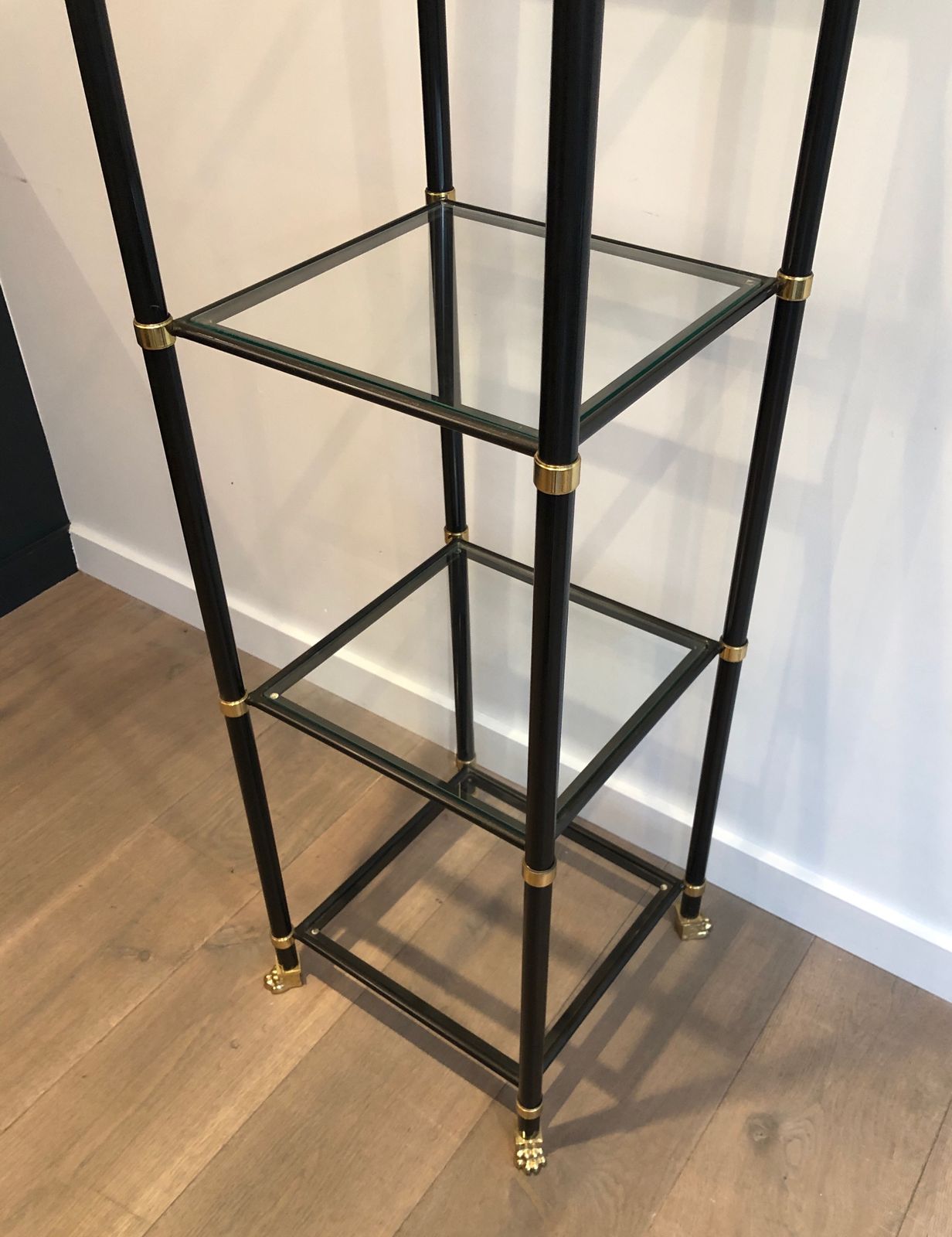 Pair Of Shelves In Black Lacquered Metal And Brass. Guy Lefèvre For Maison Jansen. Around 1970 photo vinterior