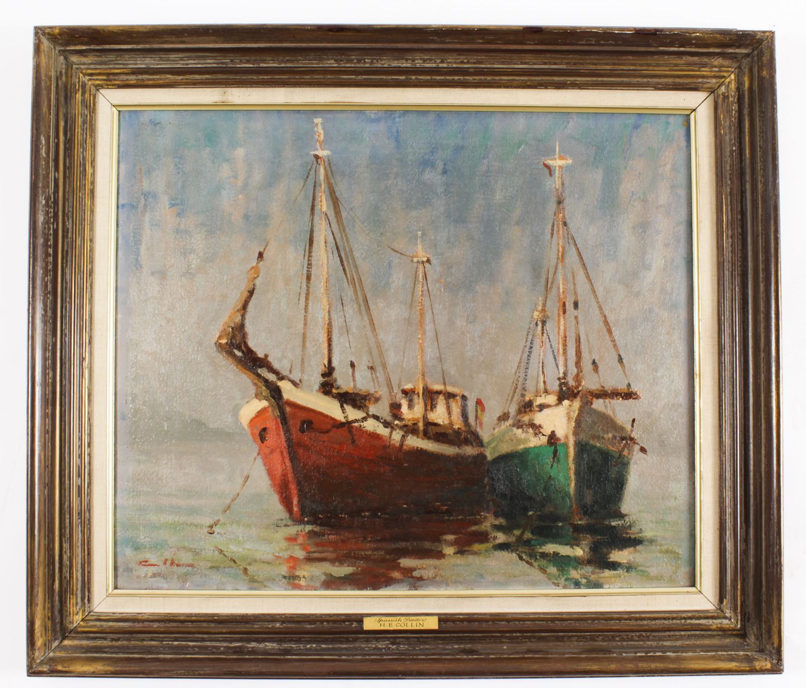 photo vinterior Vintage Oil Painting Of  Fishing Boats By Harold Edward Collin (1936 1973)