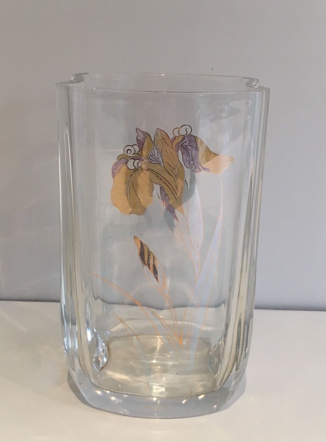 Glass Vase Decorated With Golden Flowers. Around 1970 photo furniture