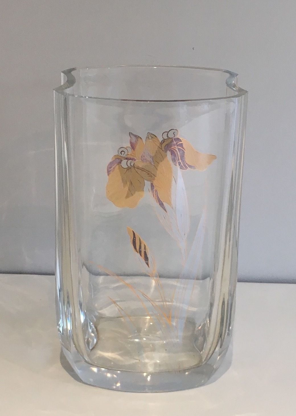 Glass Vase Decorated With Golden Flowers. Around 1970 photo for sale