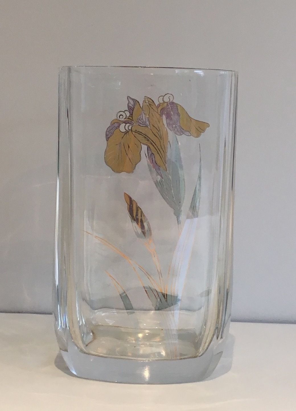 photo furniture Glass Vase Decorated With Golden Flowers. Around 1970