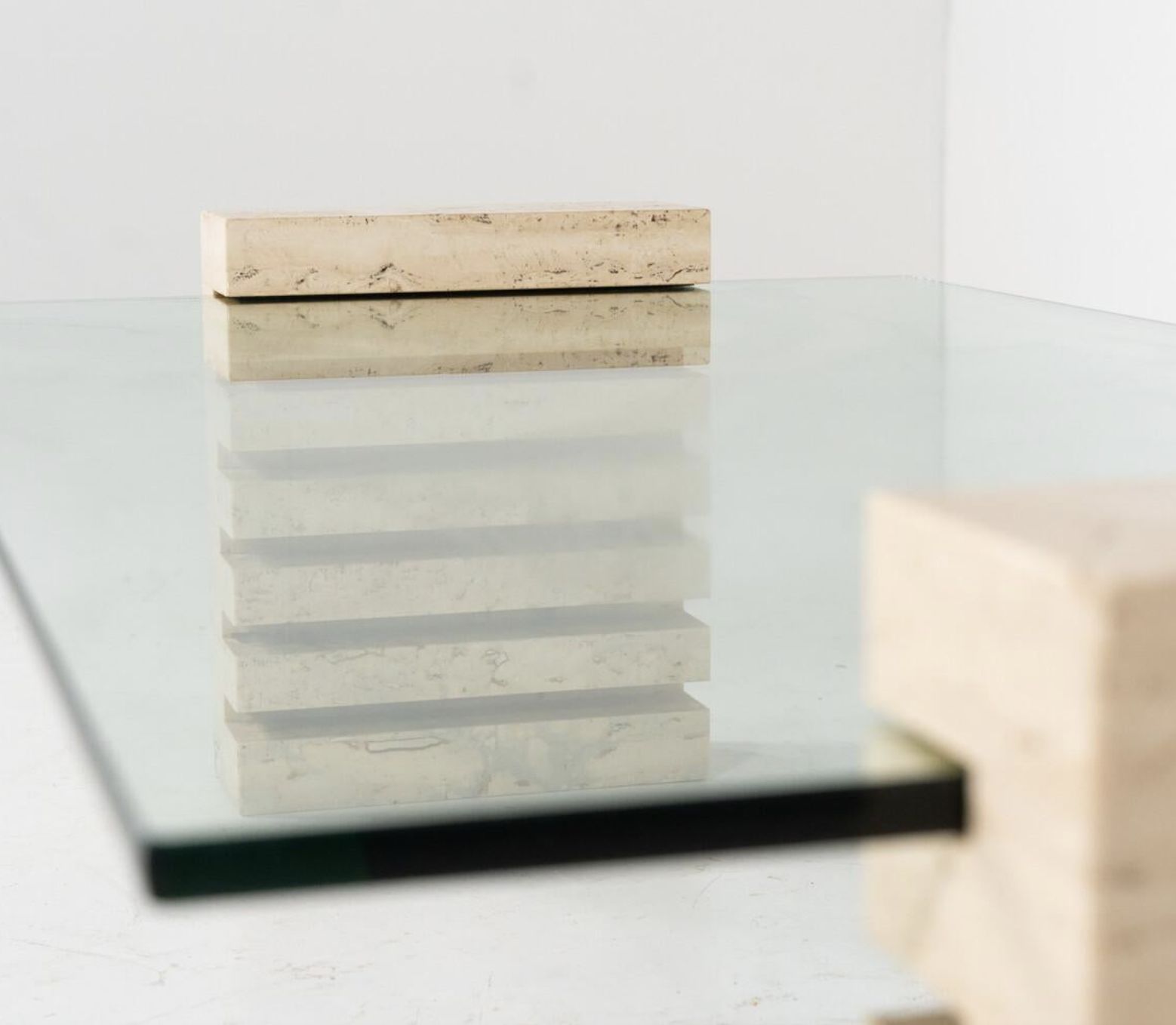 Mid Century Modern Coffee Table, Glass And Travertine, Italy, 1970s photo vintage