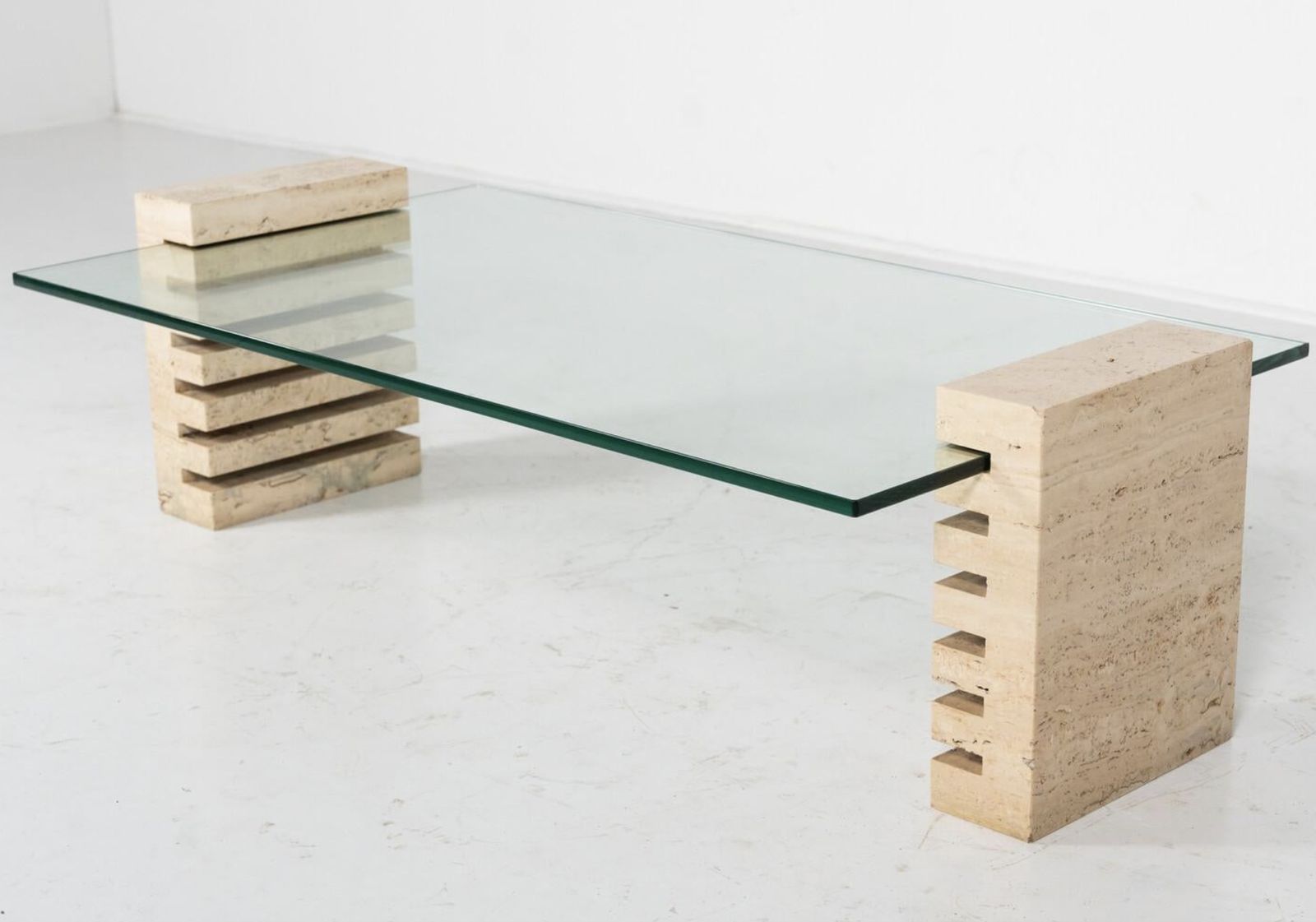 photo for sale Mid Century Modern Coffee Table, Glass And Travertine, Italy, 1970s