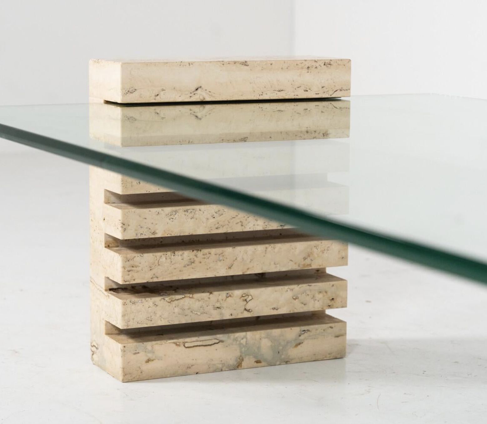 photo vinterior Mid Century Modern Coffee Table, Glass And Travertine, Italy, 1970s