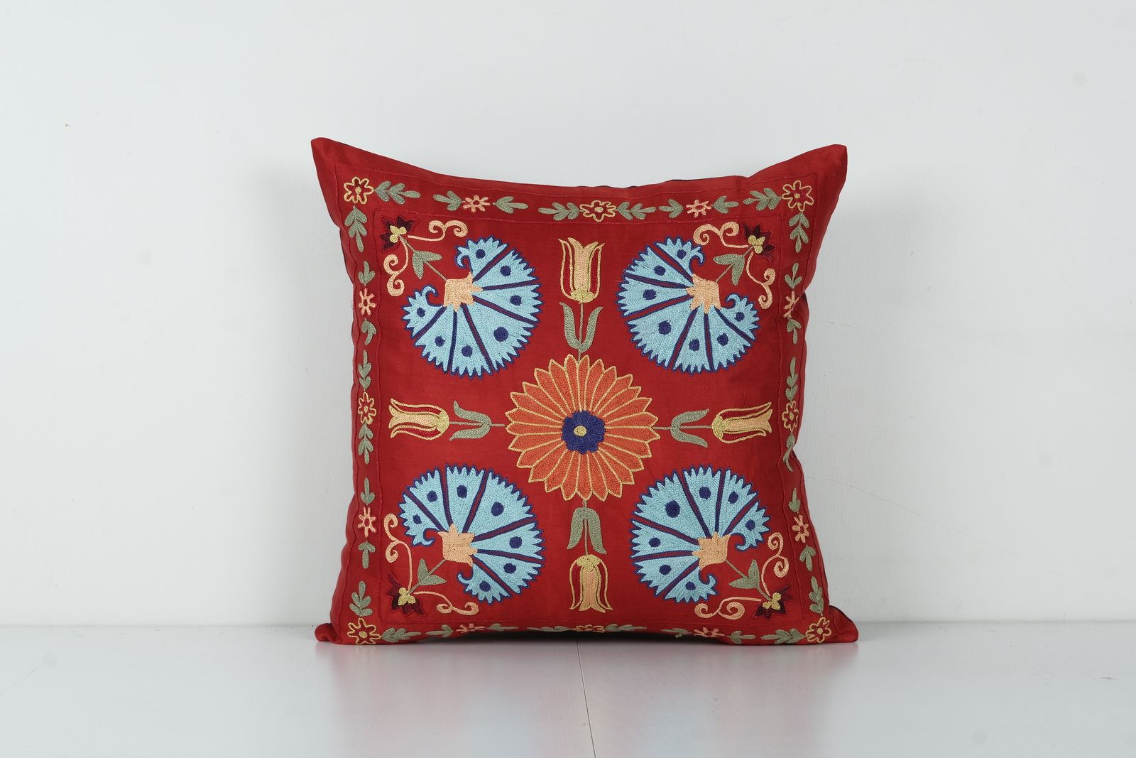 Uzbek Red Suzani Cushion Cover, Suzani Pillow Case Made From A 19th Century Suzani, Uzbekistan, Square  Cover