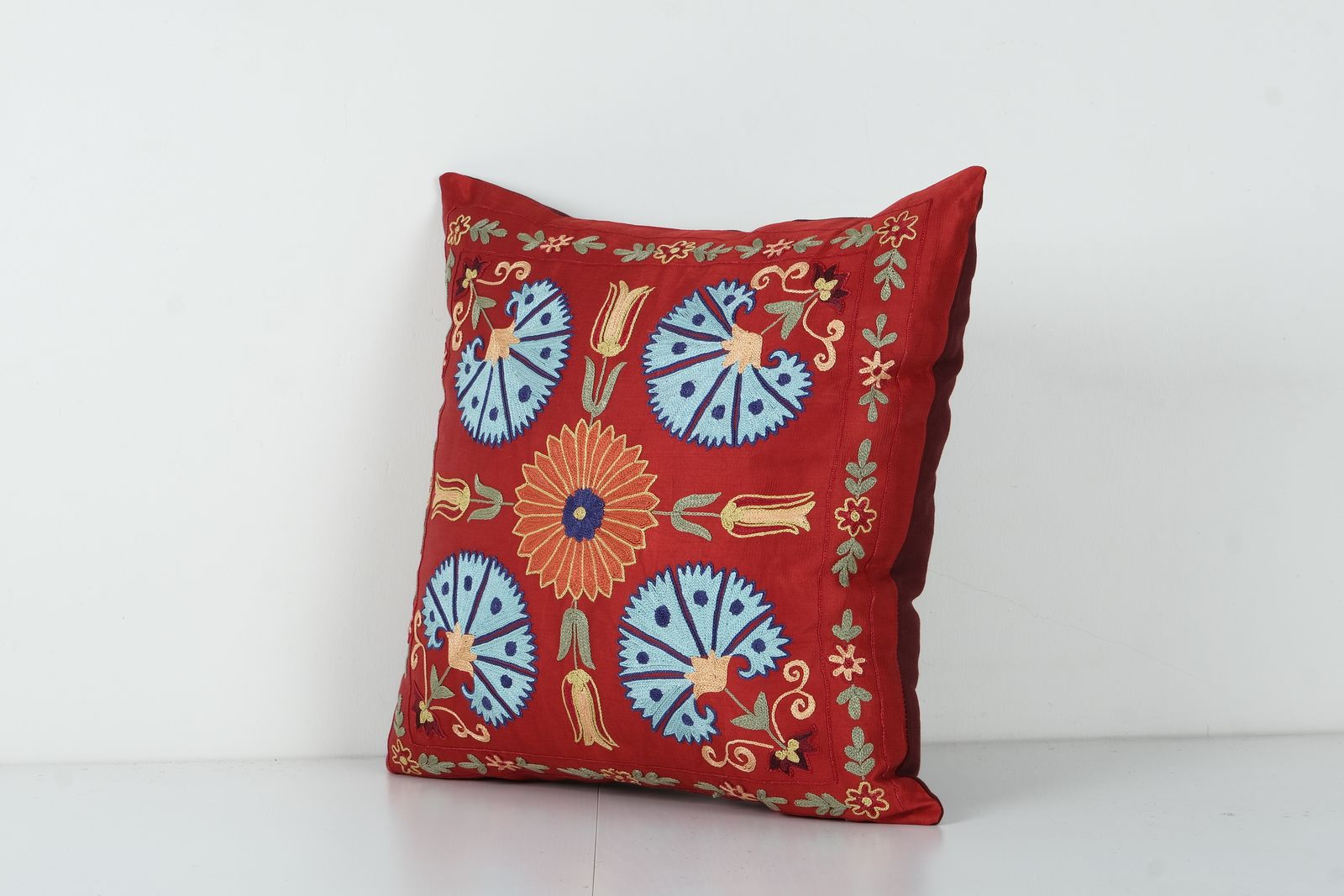 Uzbek Red Suzani Cushion Cover, Suzani Pillow Case Made From A 19th Century Suzani, Uzbekistan, Square  Cover photo furniture