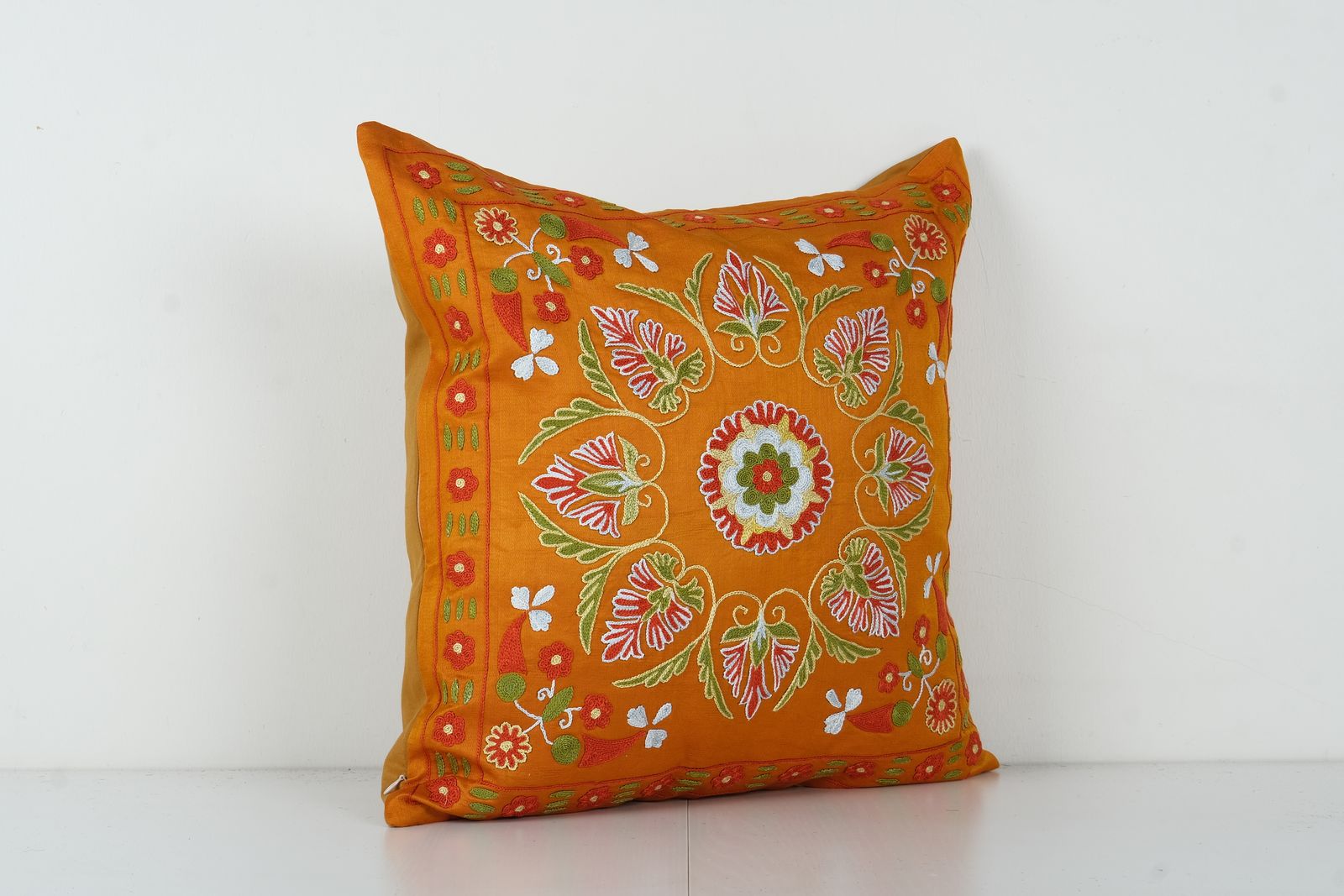 Uzbek Papaya Orange Suzani Cushion Cover, Suzani Pillow Case Made From A 19th Century Suzani, Uzbekistan, Square Pillow Case photo for sale