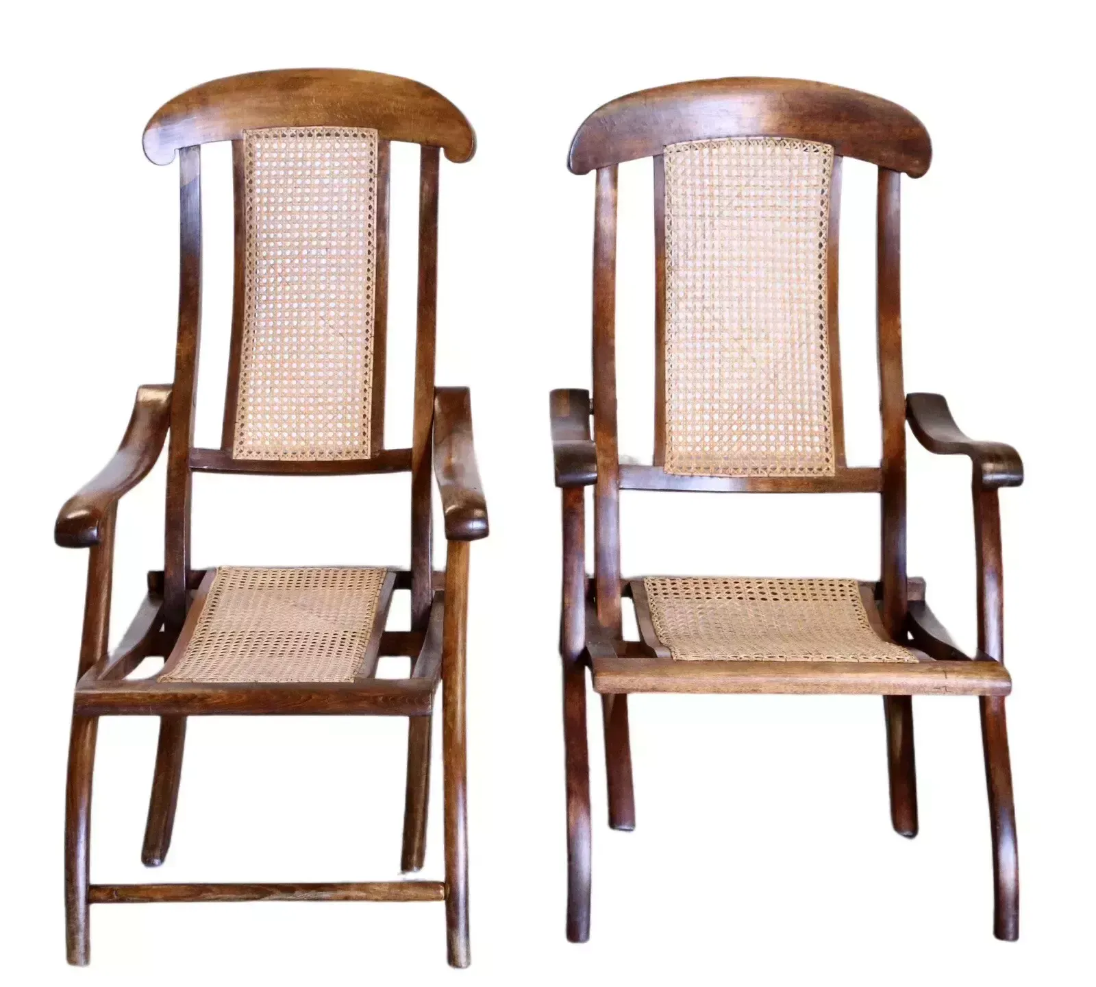 Pair Fine Early Victorian Walnut And Cane Folding Travel Steamer Chairs photo for sale