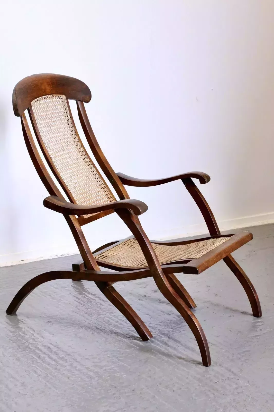 Furniture Pair Fine Early Victorian Walnut And Cane Folding Travel Steamer Chairs photo