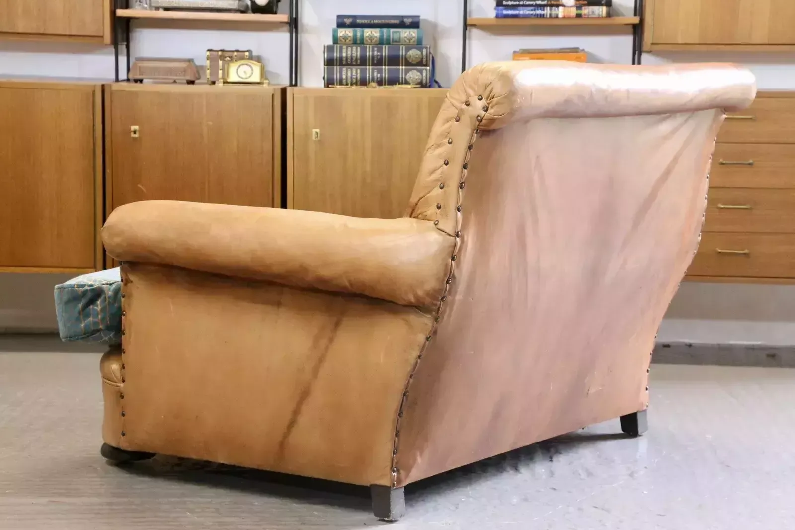 photo for sale French Art Deco Style Brown Leather Loveseat Armchair