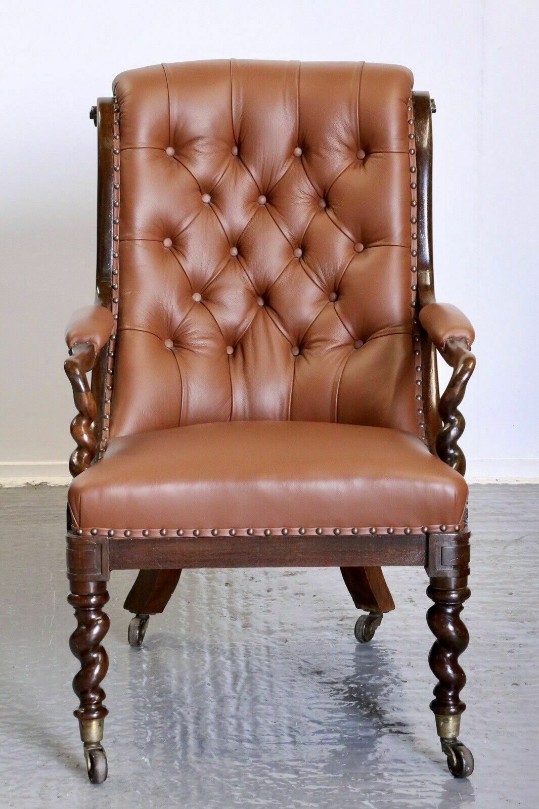 Fine Antique William IV Rosewood Barley Twist Tan Button Stud Leather Armchair photo furniture