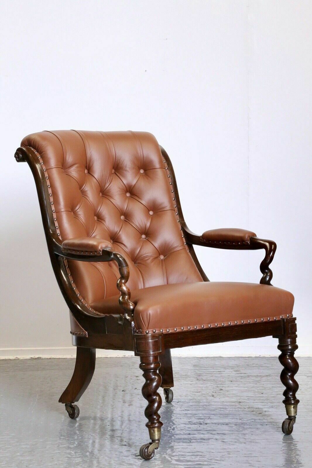 Fine Antique William IV Rosewood Barley Twist Tan Button Stud Leather Armchair photo for sale