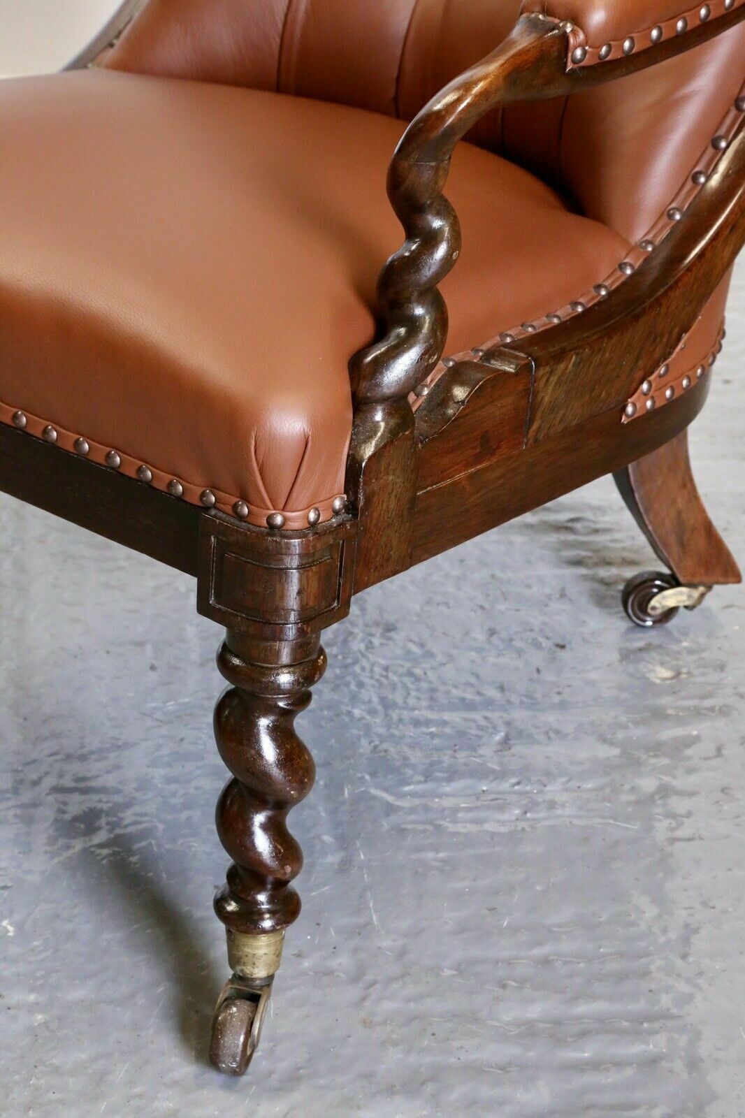 Fine Antique William IV Rosewood Barley Twist Tan Button Stud Leather Armchair photo 1200.0