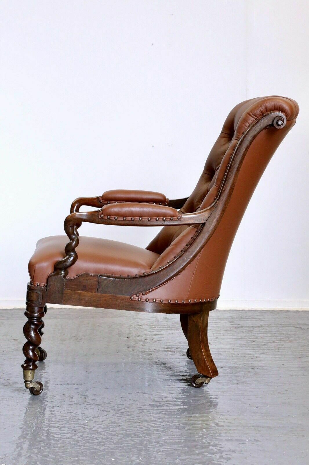 Fine Antique William IV Rosewood Barley Twist Tan Button Stud Leather Armchair photo buy