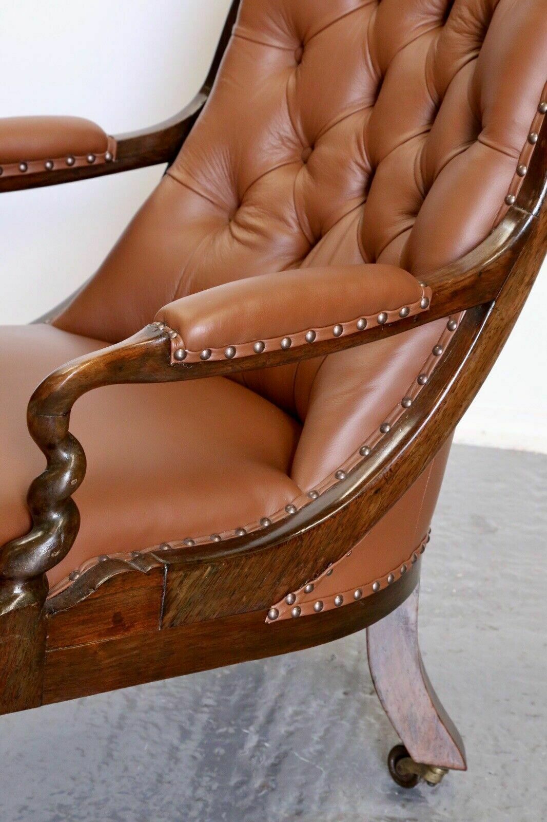 1200.0 Fine Antique William IV Rosewood Barley Twist Tan Button Stud Leather Armchair photo