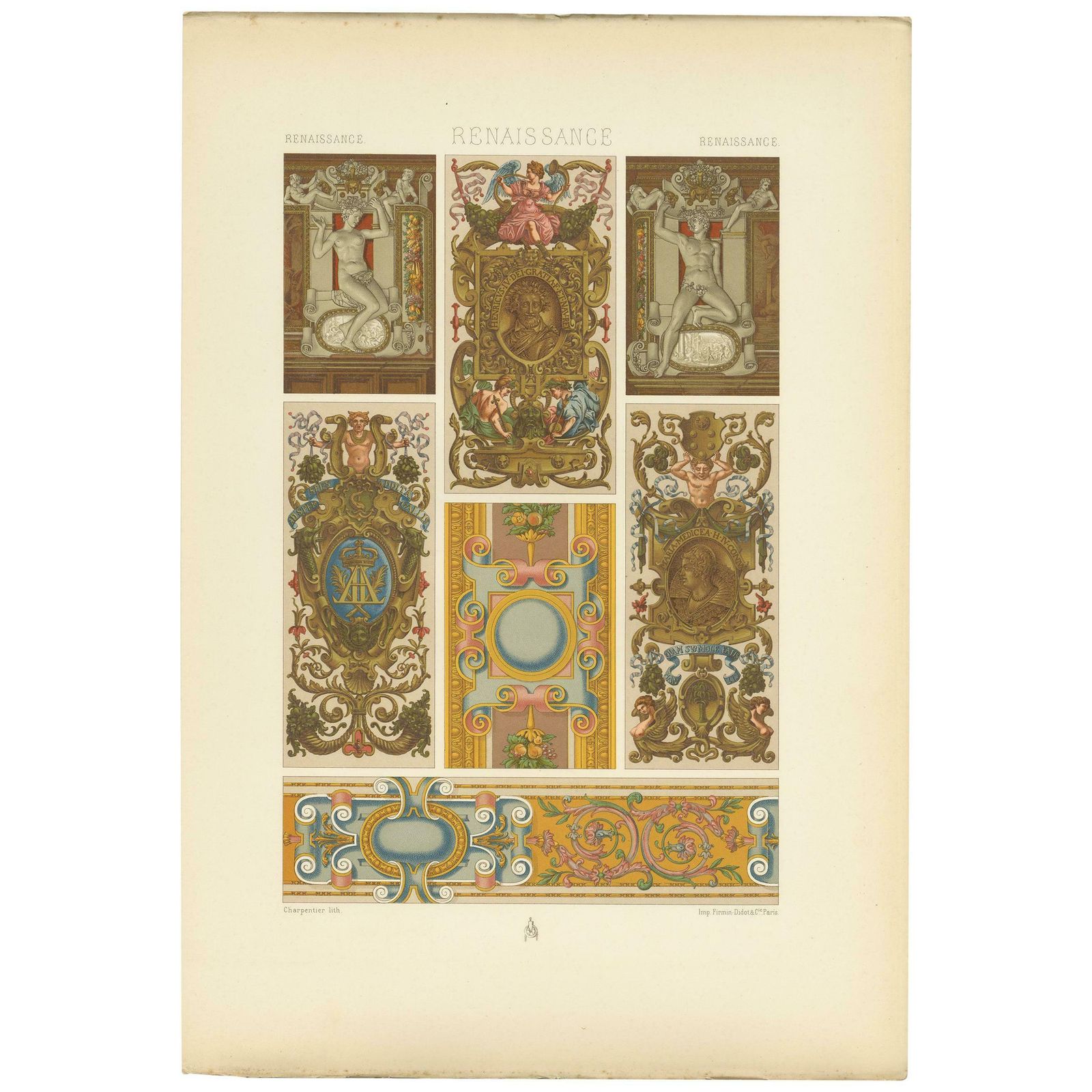 Pl. 91 Antique Print Of Renaissance Cartouches Sculpture By Racinet 'Circa 1890'
