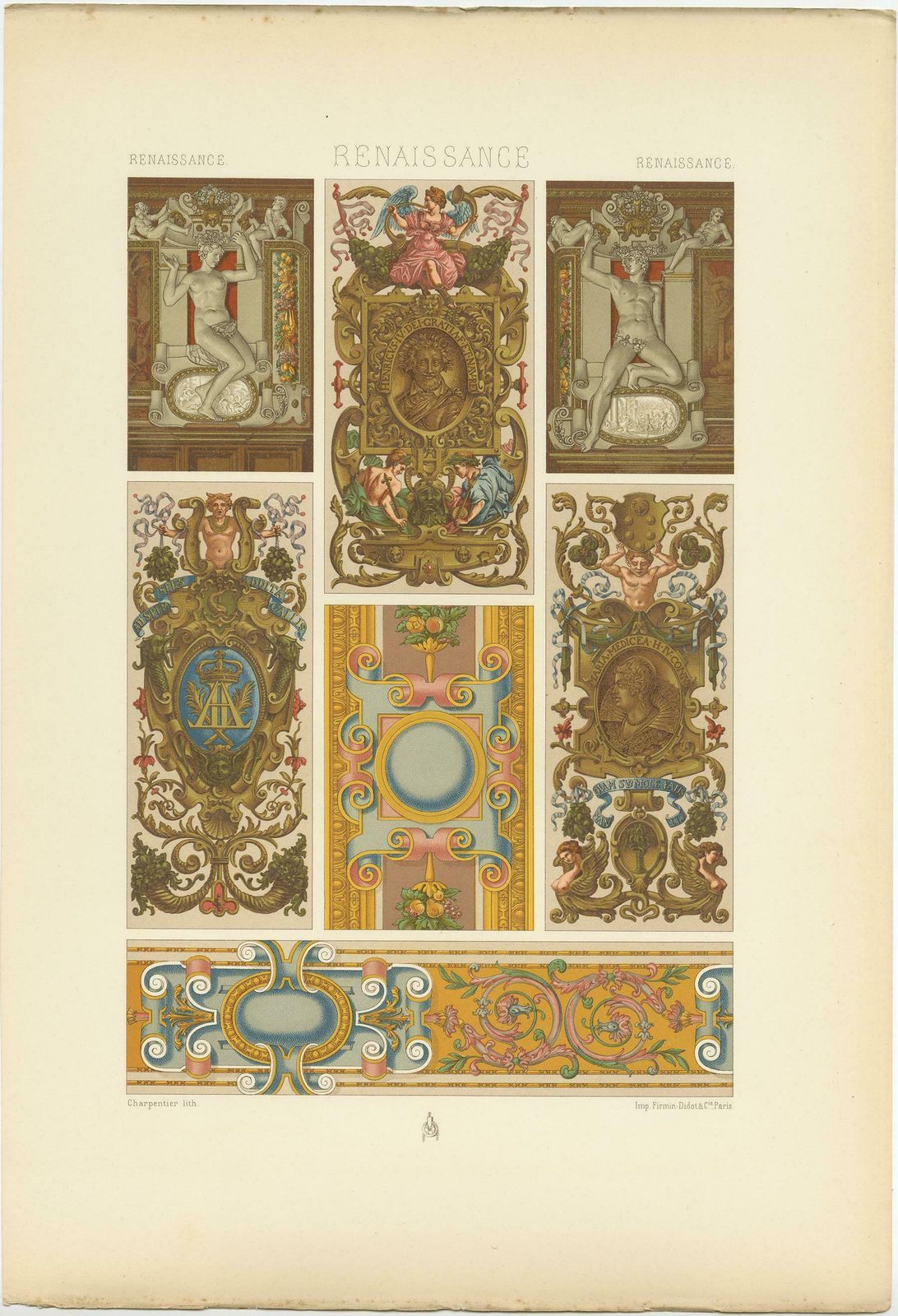 Pl. 91 Antique Print Of Renaissance Cartouches Sculpture By Racinet 'Circa 1890' photo Art