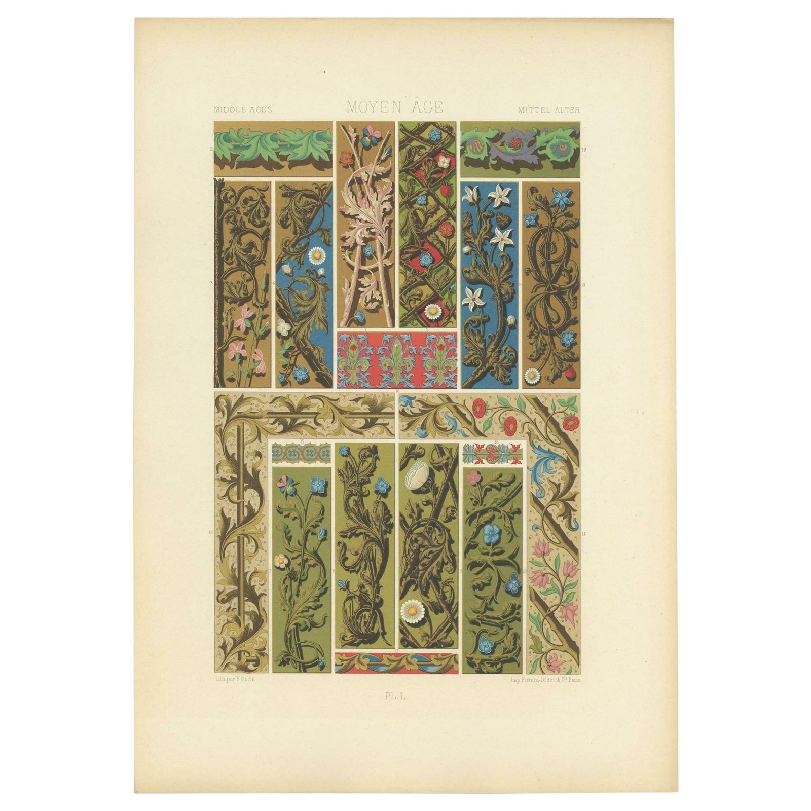 Pl. 50 Antique Print Of Middle Ages Ornaments By Racinet, Circa 1890