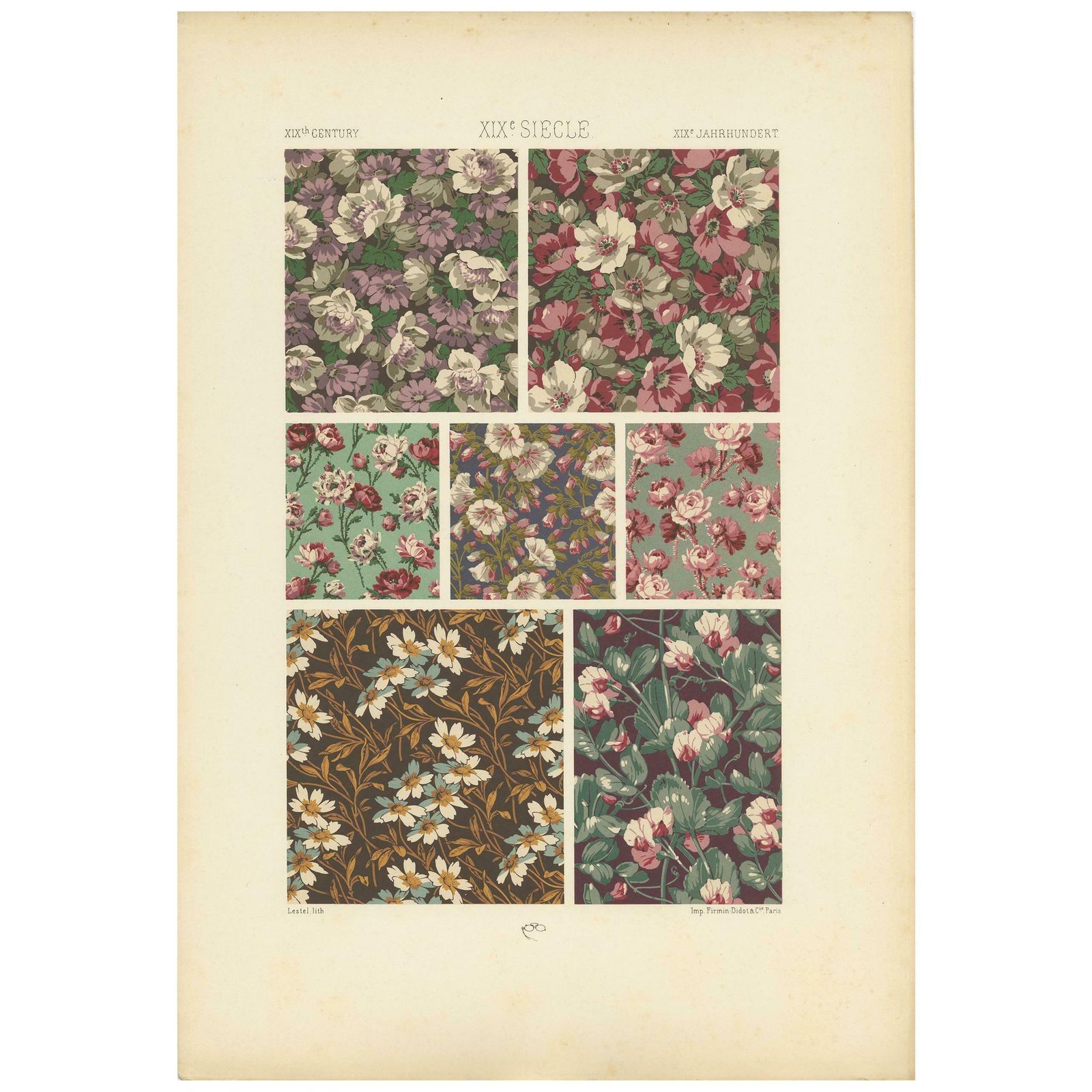 Pl. 120 Antique Print Of 19th Century Floral Designs By Racinet, Circa 1890
