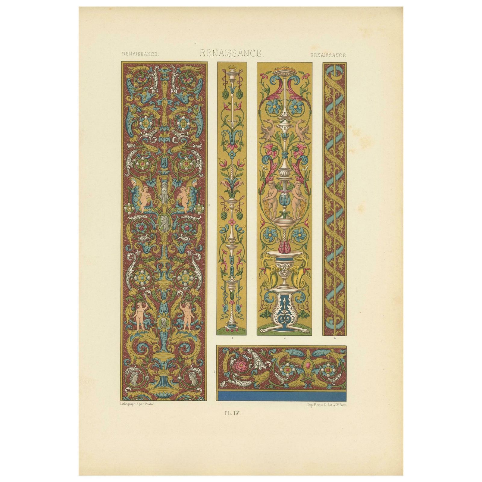 Pl. 55 Antique Print Of Renaissance Ornaments By Racinet, Circa 1890