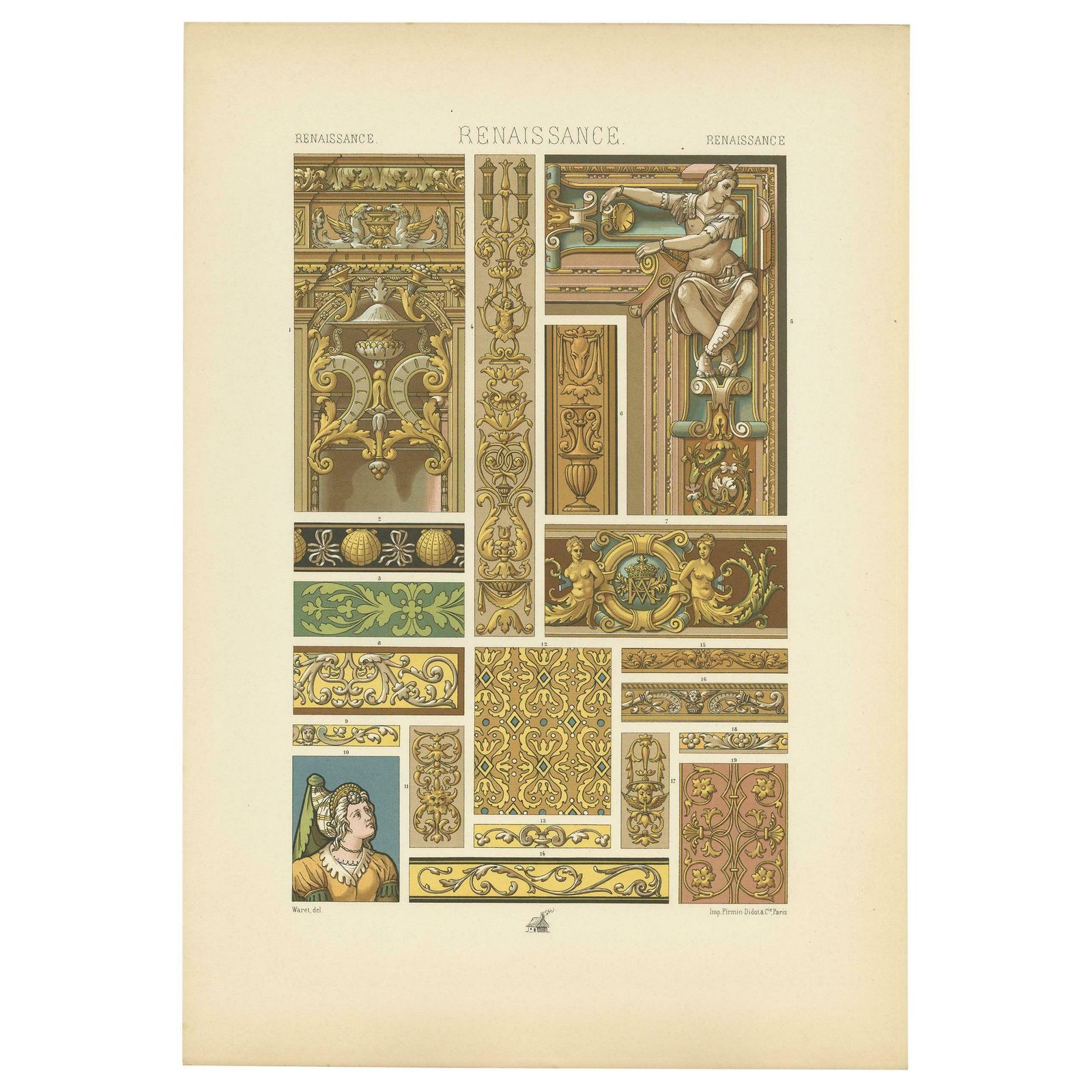 Pl. 87 Antique Print Of Renaissance Tapestries & Sculpture, Racinet 'Circa 1890'