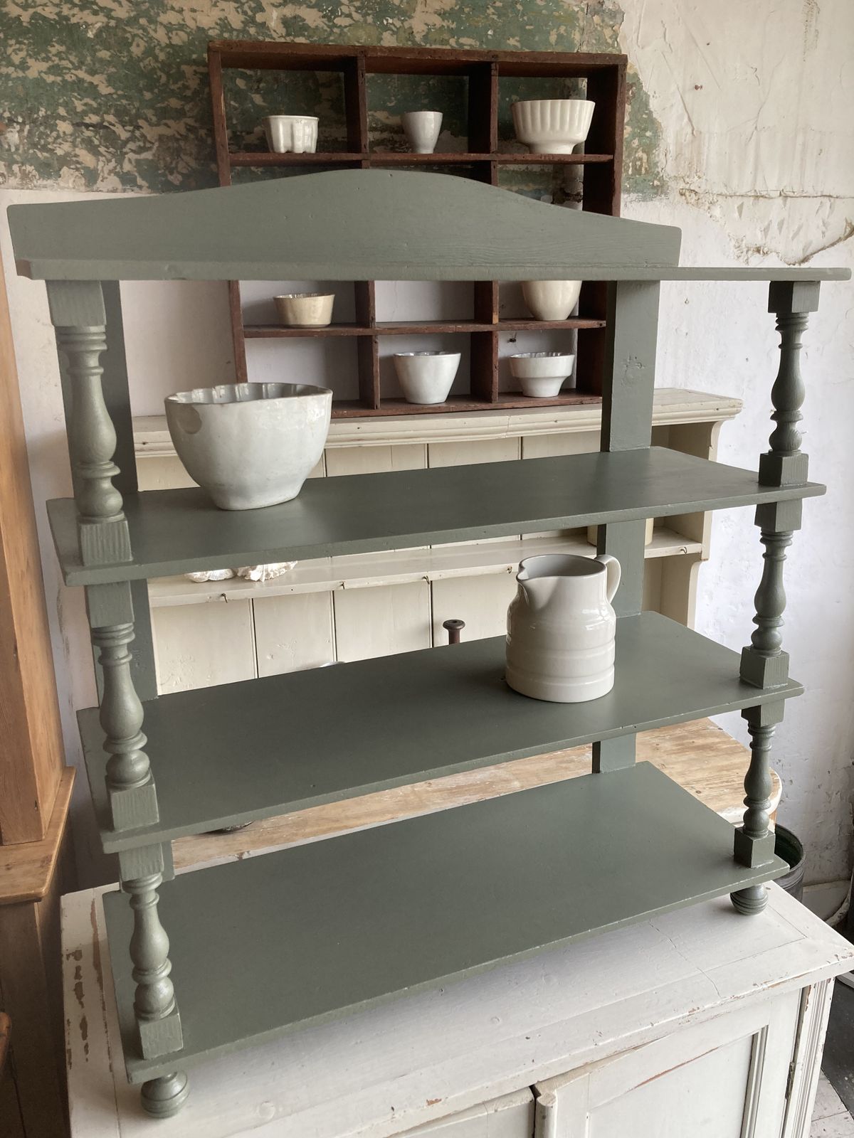 Victorian Green Painted Freestanding Display Shelves With Turned Columns photo Furniture
