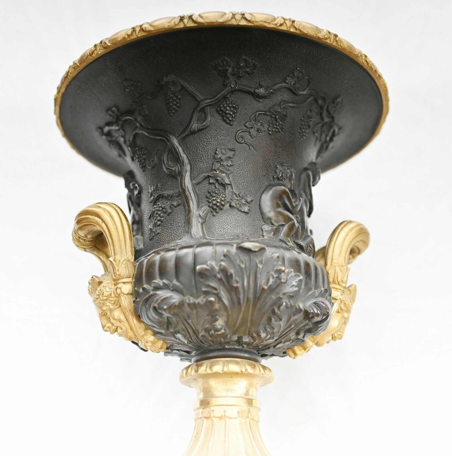 Pair Bronze Urns Cherub Bacchus Italian Grand Tour Campana 1880 photo for sale