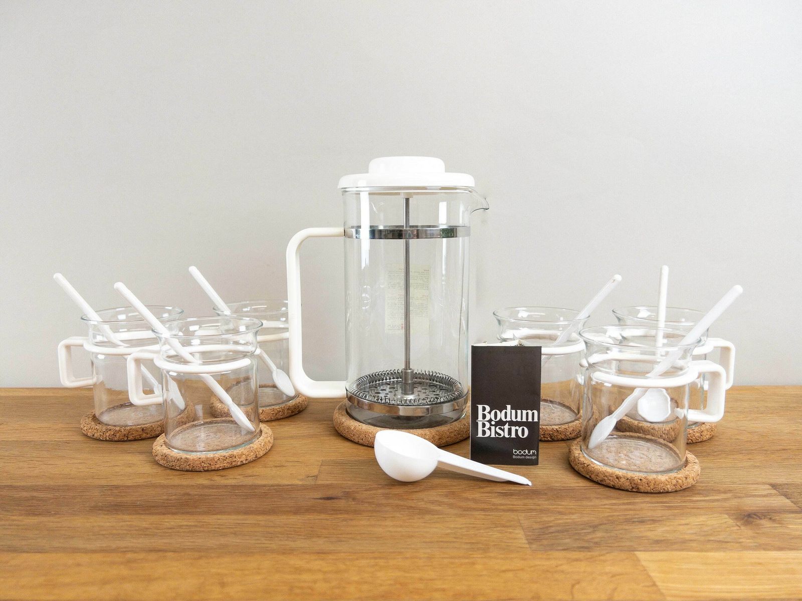 Vintage Bodum Coffee Press Picard With Coasters, Tea Cups And Spoons In White   Complete French Press Set With 6 Cups   Made In Denmark