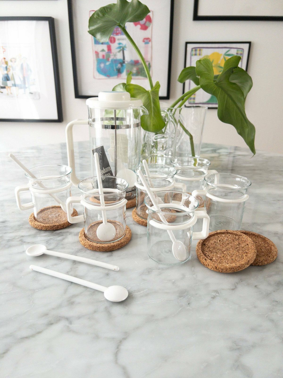 Vintage Bodum Coffee Press Picard With Coasters, Tea Cups And Spoons In White   Complete French Press Set With 6 Cups   Made In Denmark photo furniture