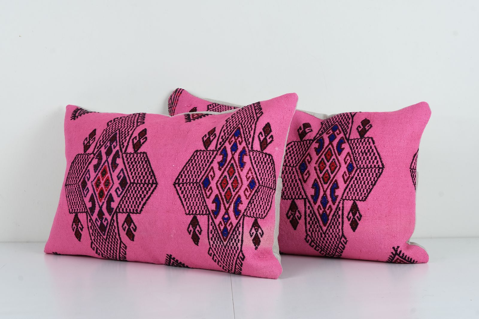 Tribal Wool Handmade Pillow Covers, Striped Turkish Kilim Lumbar Cover, Set Of Two Pink Pillowcase photo for sale
