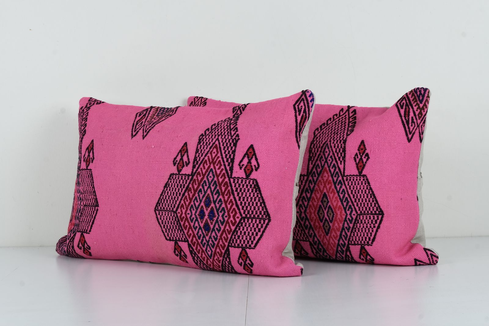 Set Of Two Striped Pink Wool Turkish Striped Pillow Covers, Pair Anatolian Minimalist Old Kilim Pillow Covers photo for sale